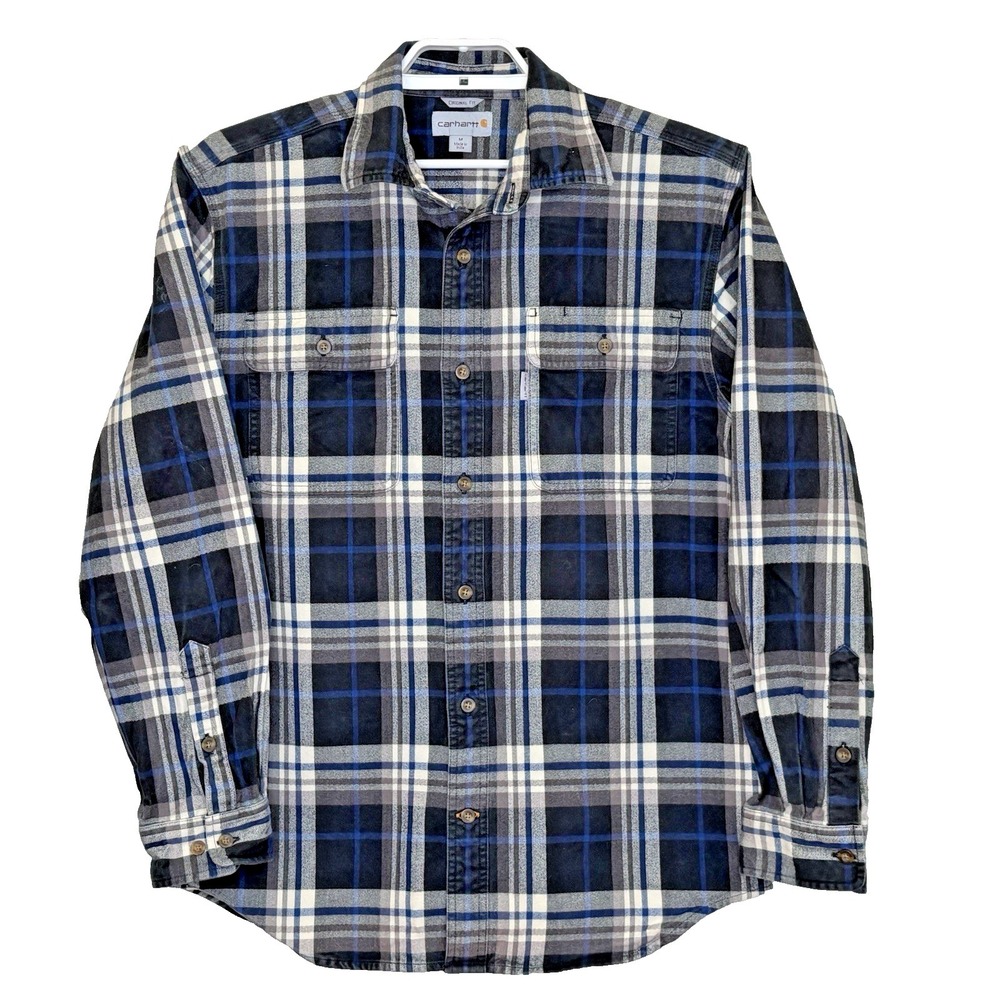 Carhartt Button Up Flannel Shirt Mens Medium Black Blue Plaid Long Sleeve Pocket